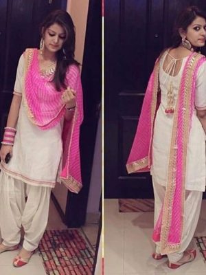 Casual White Cotton Aline Semi stitched Suit