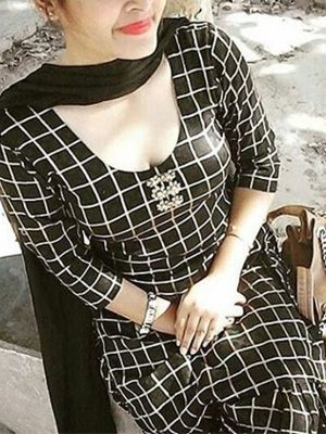Fashionable Black Color Semistitched Straight Dress Material In Cotton Fabric