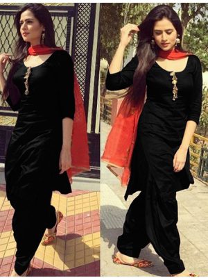 Trendy Presenting Latest Black Color Semi stitched Dress Material In Cotton Fabric