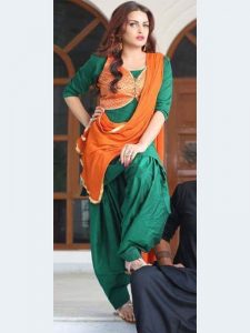 Green Color Semistitched Dress Material In Cotton Fabric