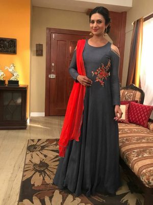 Hindi Tv serial Embroidered Grey Color Semistitched Gown In Cotton Fabric