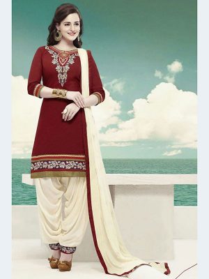 Embroidered Maroon Color Semistitched Dress Material In Cotton Fabric