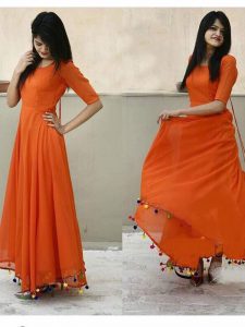 Fashionable Orange Color Semistitched Dress Material In Georgette Fabric