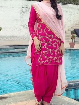 Embroidered Pink Color Semistitched Dress Material In Cotton Fabric
