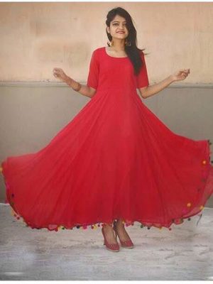 Red Color Semistitched Dress Material In Georgette Fabric