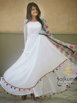 White Color Semistitched Dress Material In Georgette Fabric