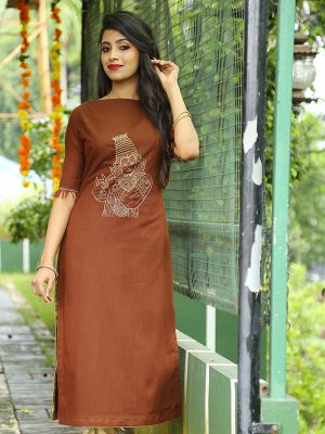 Printed Brown Color Stitched Kurti In Cotton Fabric