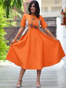 Embroidery Orange Color Stitched Kurti In Cotton Fabric