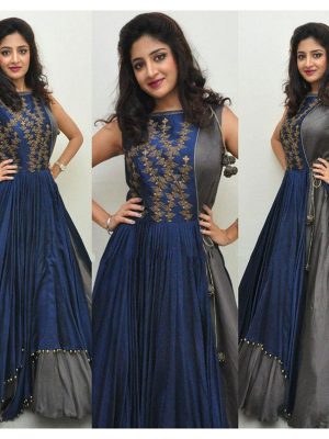 Taffeta Silk Embroidery Work Semi Stitched Indo Western Gown ( Blue Grey )
