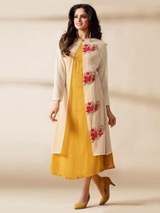 Cream Yellow Georgette Fancy Layered Kurti