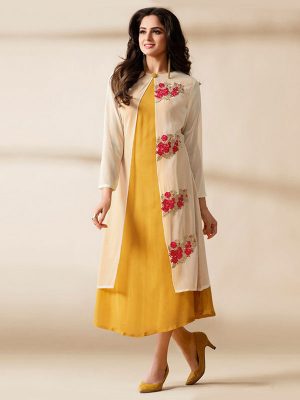 Cream Yellow Georgette Fancy Layered Kurti