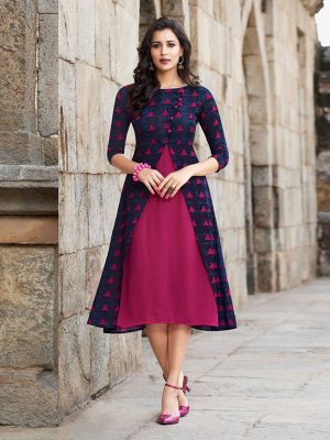 Trendy Navy Magenta Slit Cut Printed Cotton Kurti