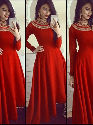 Taffeta Silk Embroidered Semi Stitched Ethnic Gown (Red)