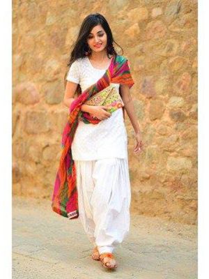 White Color Semi Stitched Straight Dress Material In Cotton Fabric