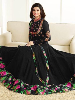 Embroidered Black Color Semistitched Straight Dress Material In Georgette Fabric