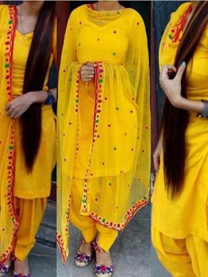 Yellow Color Semistitched Straight Dress Material In Cotton Fabric