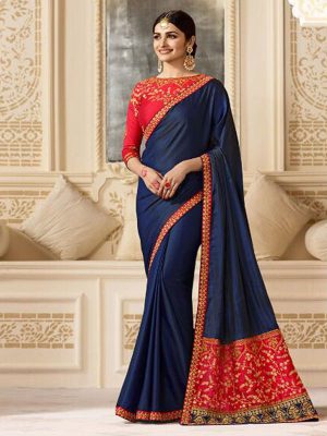 Prachi Desai Navy Blue & Red Sparkle Silk Embroidered Saree