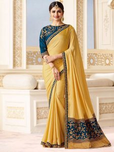 Prachi Desai Gold & Blue Sparkle Silk Embroidered Saree