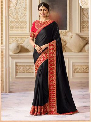Prachi Desai Black & Red Sparkle Silk Embroidered Saree