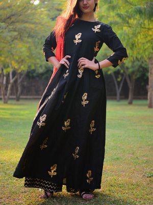 Black Color Semi stitched Dress Material In Taffeta Silk Fabric
