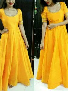 Yellow Color Stitched Kurti In Taffeta Silk Fabric