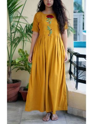 Embroidered Yellow Color Stitched Kurti In Cotton Fabric