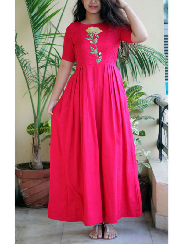 Embroidered Pink Color Stitched Kurti In Cotton Fabric - Zakarto