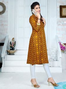 Fashionable Printed Mustard Color Kurti In Cotton Fabric