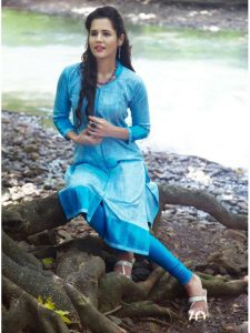 Fashionable Plain Sky Blue Color Kurti In Cotton Fabric