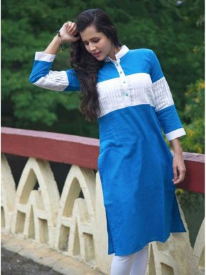 Fashionable Plain Blue And White Color Kurti In Cotton Fabric