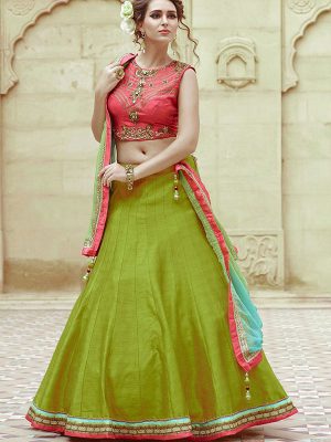 Green And Pink Color Lahenga Choli In Havy Banglori Silk Fabric