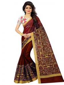 Rani Saahiba Printed Gadwal Poly cotton Saree (Gold, Brown)
