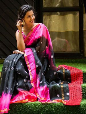 Printed Bhagalpuri Silk With Zalar Black And Pink Color Saree In Fabric