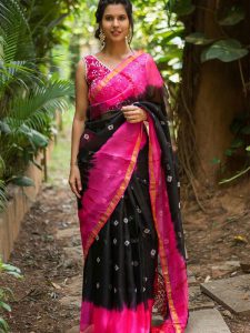 Printed Bhagalpuri Silk With Zalar Black And Pink Color Saree In Fabric