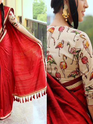 Chanderi Cotton With Havy Less Saree With Blouse Piece (Red Free Size)