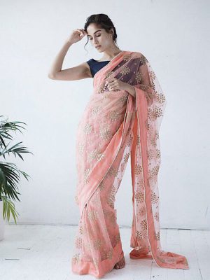 Women'S Mono Net Embroidery Work Saree With Blouse Piece {Black}
