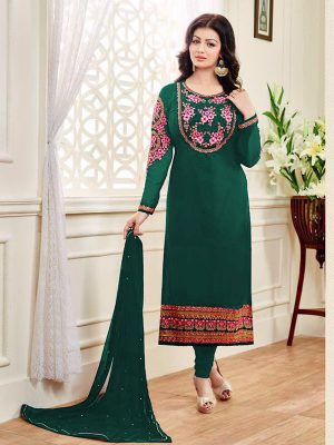 Fashionable Embroidered Green Color Dress Material In Cotton Fabric