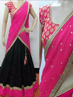 Wedding Pink And Black Color Lahenga Choli In Raw Silk And Net Fabric