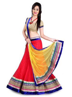 Plain Red Color Lahenga Choli In Raw Silk And Net Fabric
