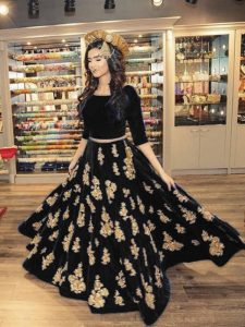 Embroidered Work Black Color Lahenga Choli In Velvet Fabric