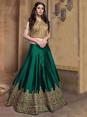 Embroidered Work Green Color Lahenga Choli In Taffeta Silk Fabric