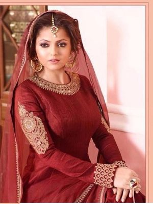 Red Color Semistitched Anarkali Suite In Bhagalpuri Silk Fabric