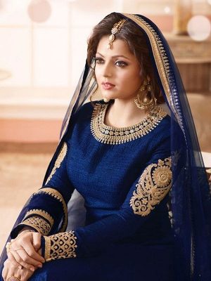 Blue Color Semistitched Anarkali Suite In Bhagalpuri Silk Fabric