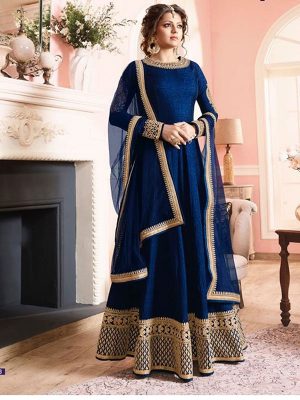 Blue Color Semistitched Anarkali Suite In Bhagalpuri Silk Fabric