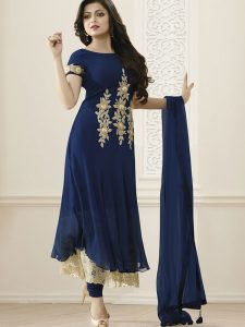 Navy Blue Color Semistitched Salwar Suite In Georgette Fabric