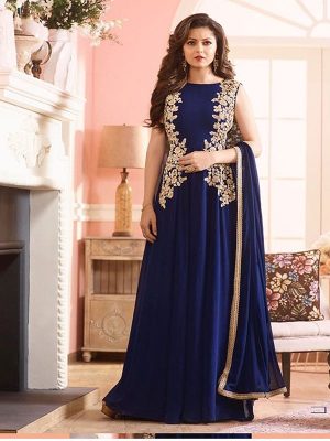 Navy Blue Color Semistitched Salwar Suite In Georgette Fabric