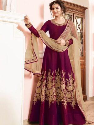 Maroon Color Semistitched Salwar Suite In Banglori Silk Fabric