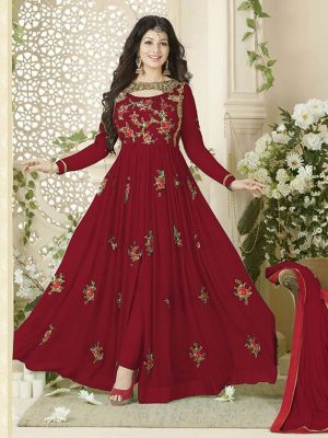 Red Color Semistitched Anarkali Suite In Georgette Fabric