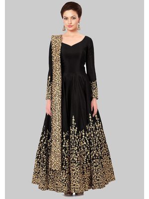 Black Color Semistitched Anarkali Suite In Taffeta Silk Fabric