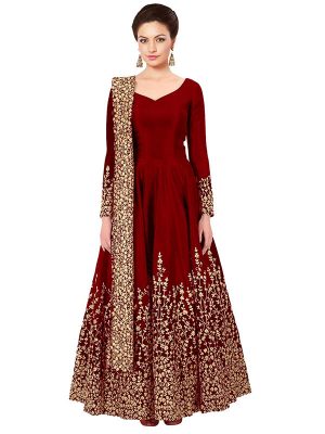 Red Color Semistitched Anarkali Suite In Taffeta Silk Fabric